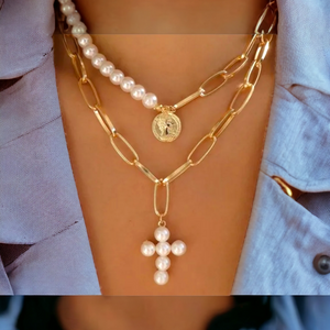Double Layer Pearl Cross Necklace